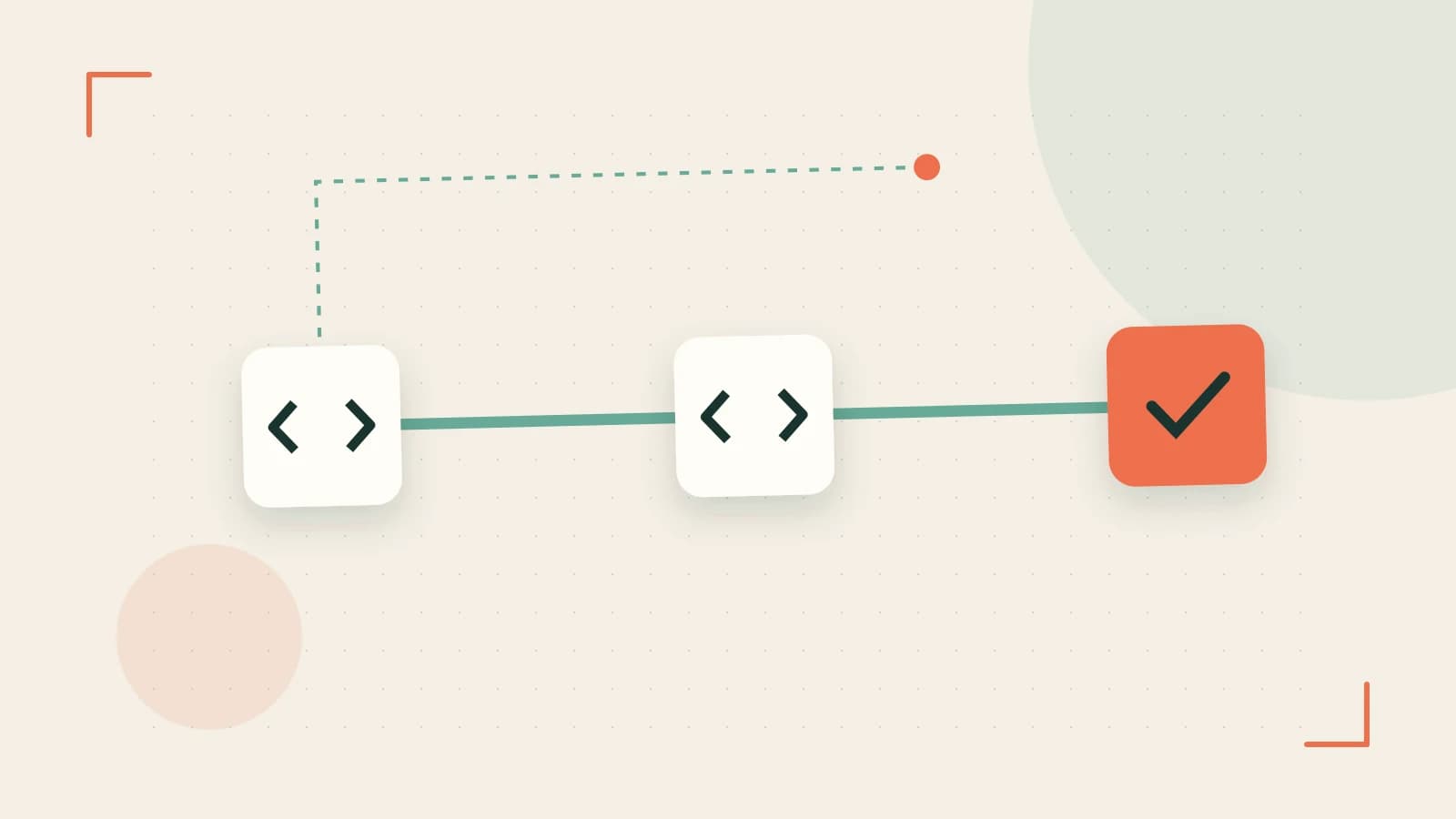 Editorial illustration of a branching build pipeline, staged transformations and a completed check