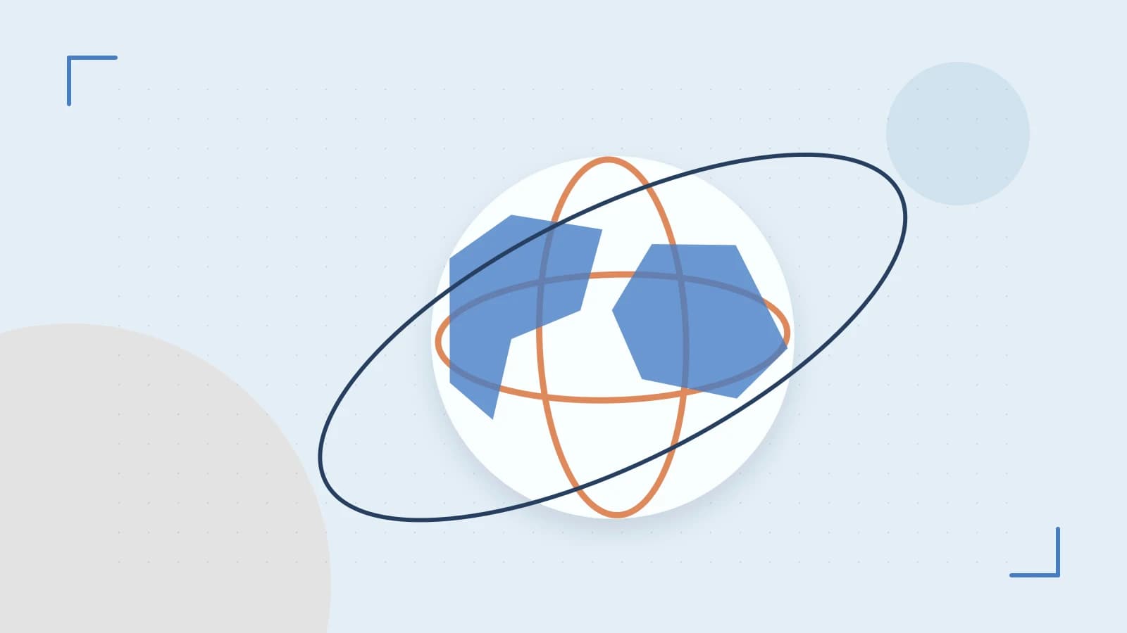 Editorial illustration of an editorial globe with meridians and layered geographic shapes