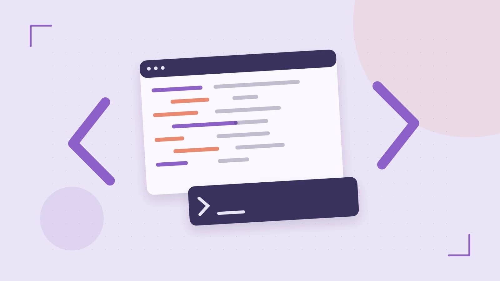 Editorial illustration of an abstract code editor, syntax blocks and oversized programming brackets