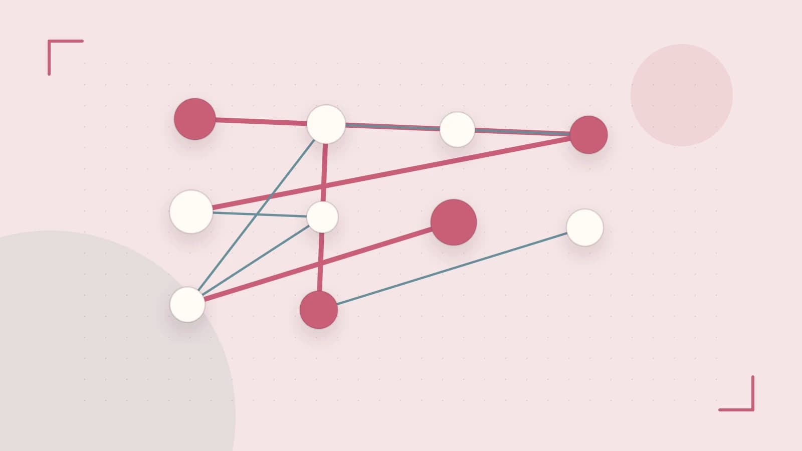 Editorial illustration of an algorithmic node graph with branching paths and a highlighted result