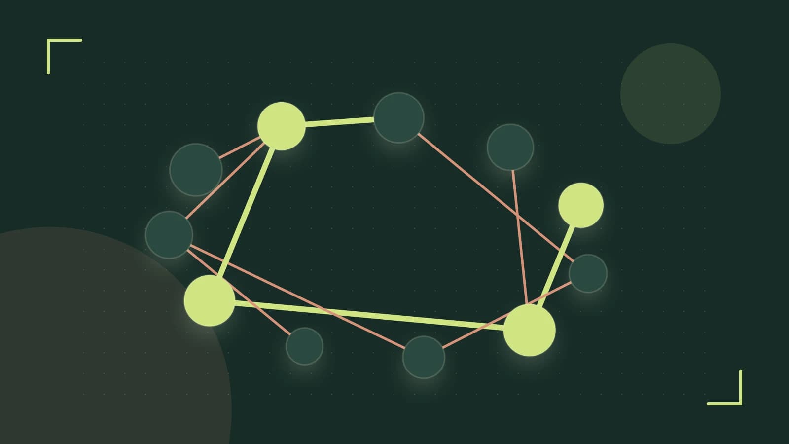 Editorial illustration of an algorithmic node graph with branching paths and a highlighted result