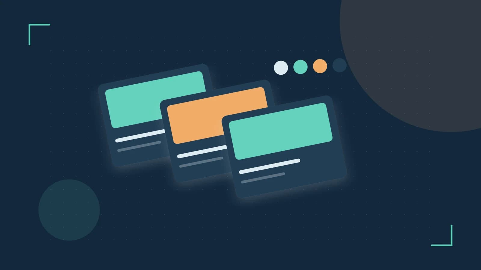 Editorial illustration of responsive browser layouts, overlapping design components and a color system