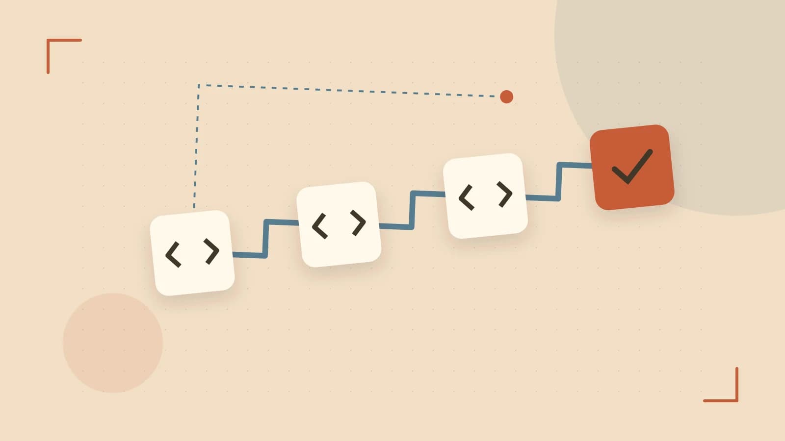 Editorial illustration of a branching build pipeline, staged transformations and a completed check