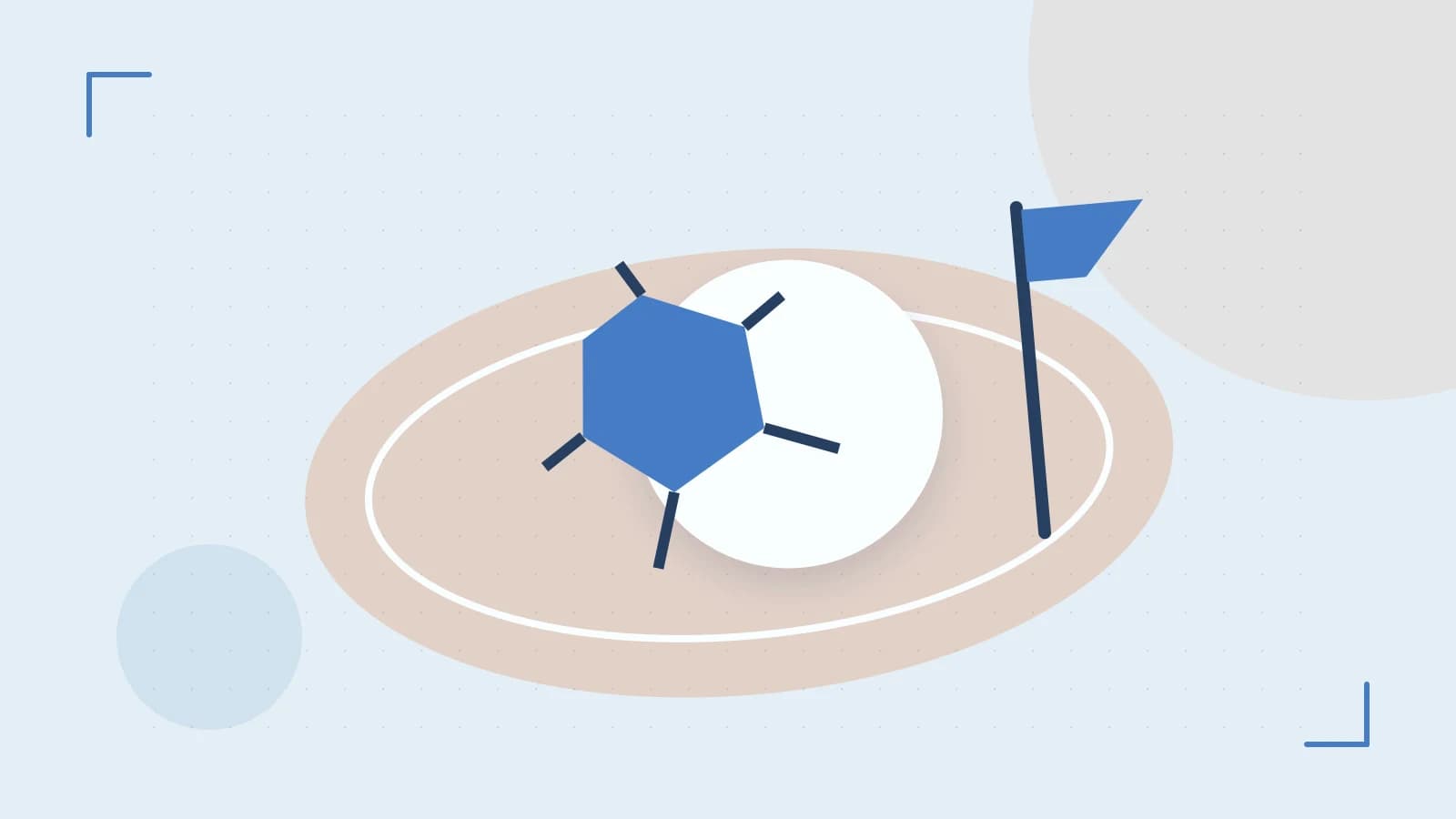 Editorial illustration of a stylized sports ball, stadium geometry and dynamic arcs