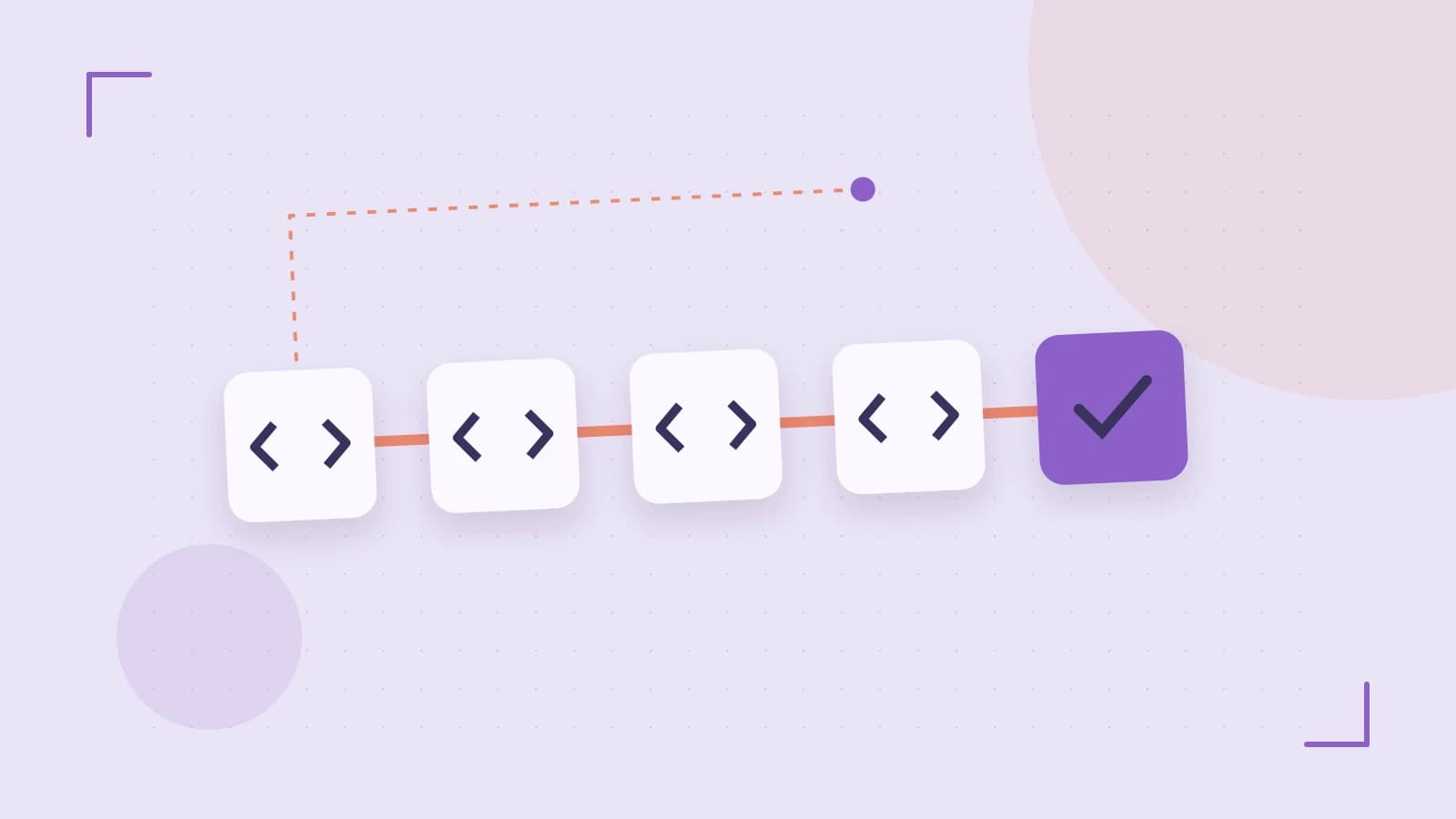 Editorial illustration of a branching build pipeline, staged transformations and a completed check