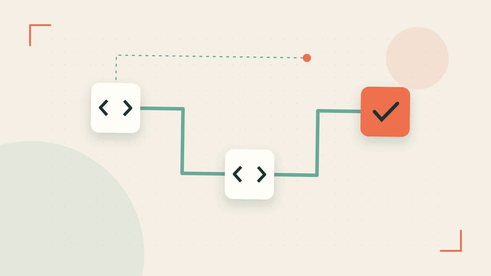 Editorial illustration of a branching build pipeline, staged transformations and a completed check