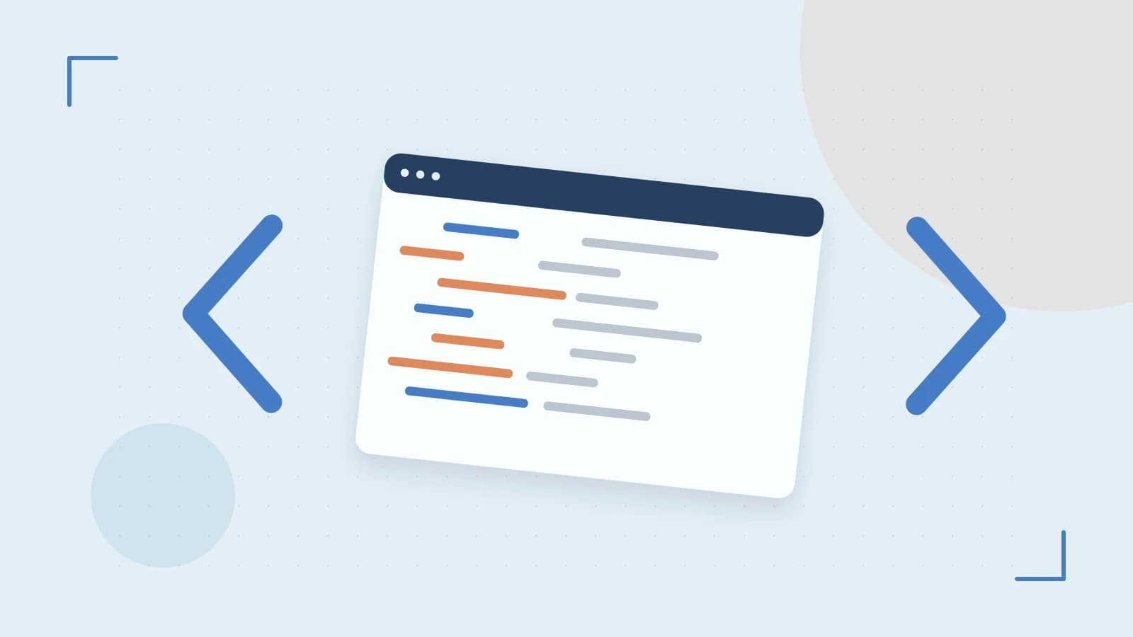 Editorial illustration of an abstract code editor, syntax blocks and oversized programming brackets