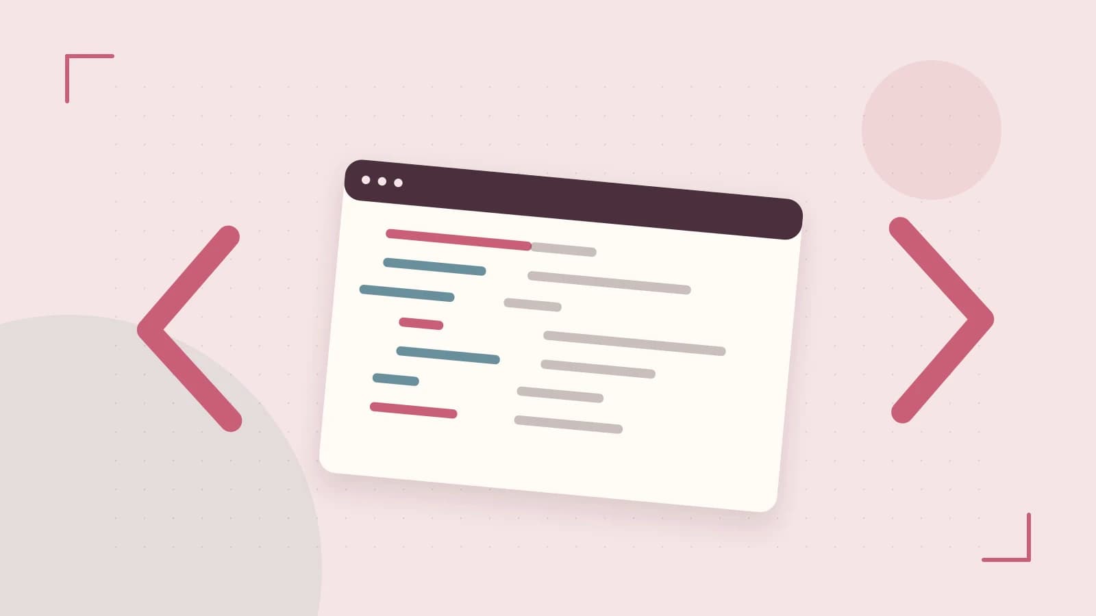 Editorial illustration of an abstract code editor, syntax blocks and oversized programming brackets