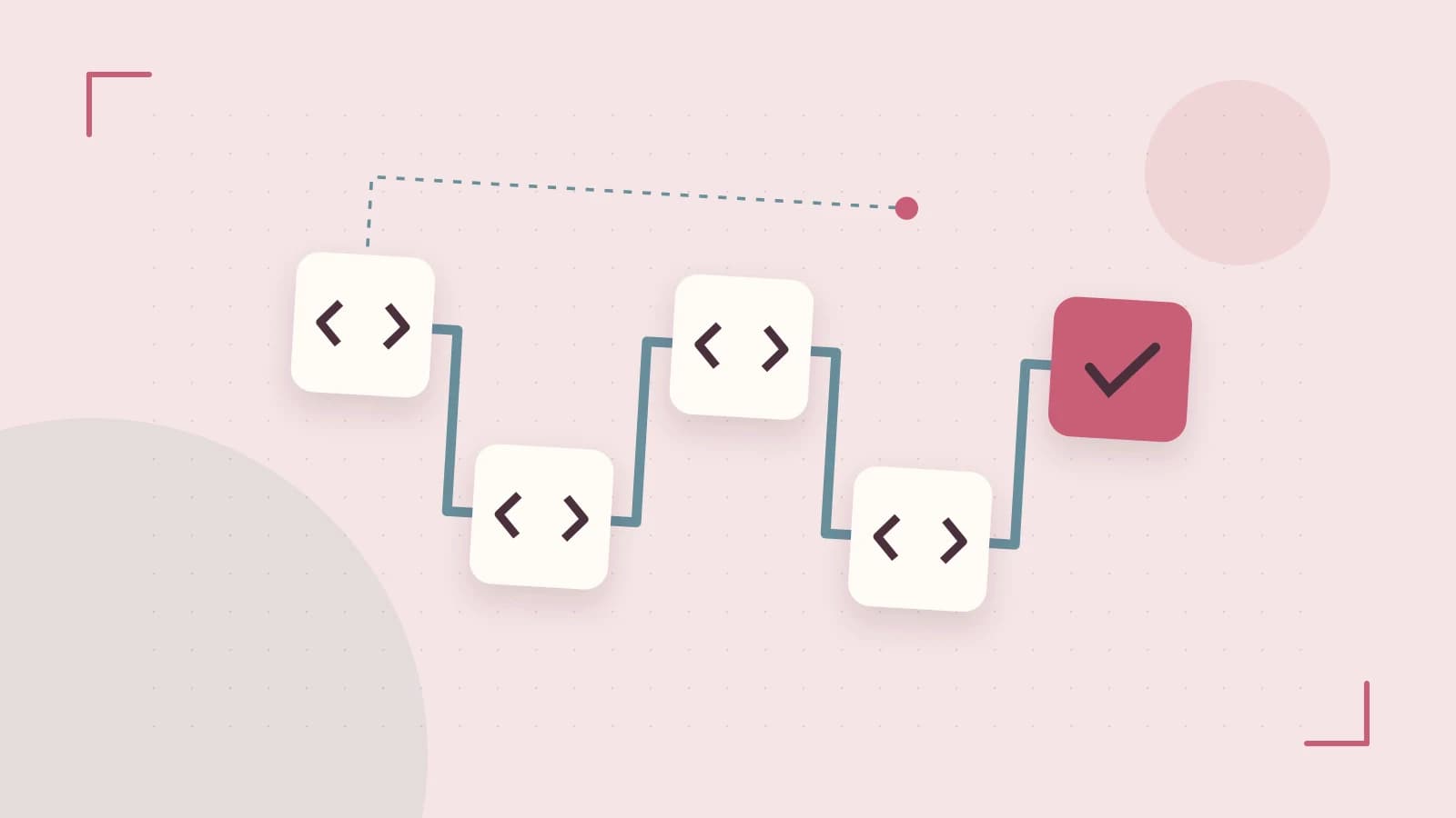 Editorial illustration of a branching build pipeline, staged transformations and a completed check