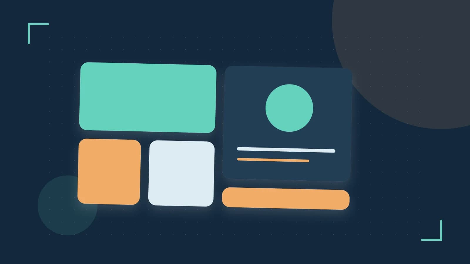 Editorial illustration of responsive browser layouts, overlapping design components and a color system
