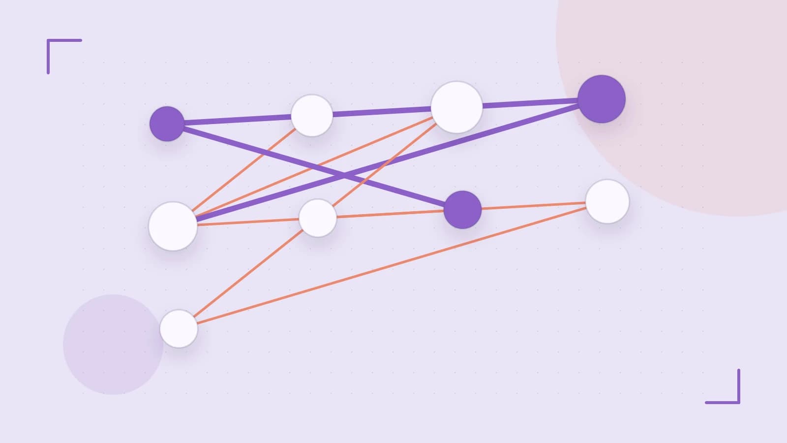 Editorial illustration of an algorithmic node graph with branching paths and a highlighted result