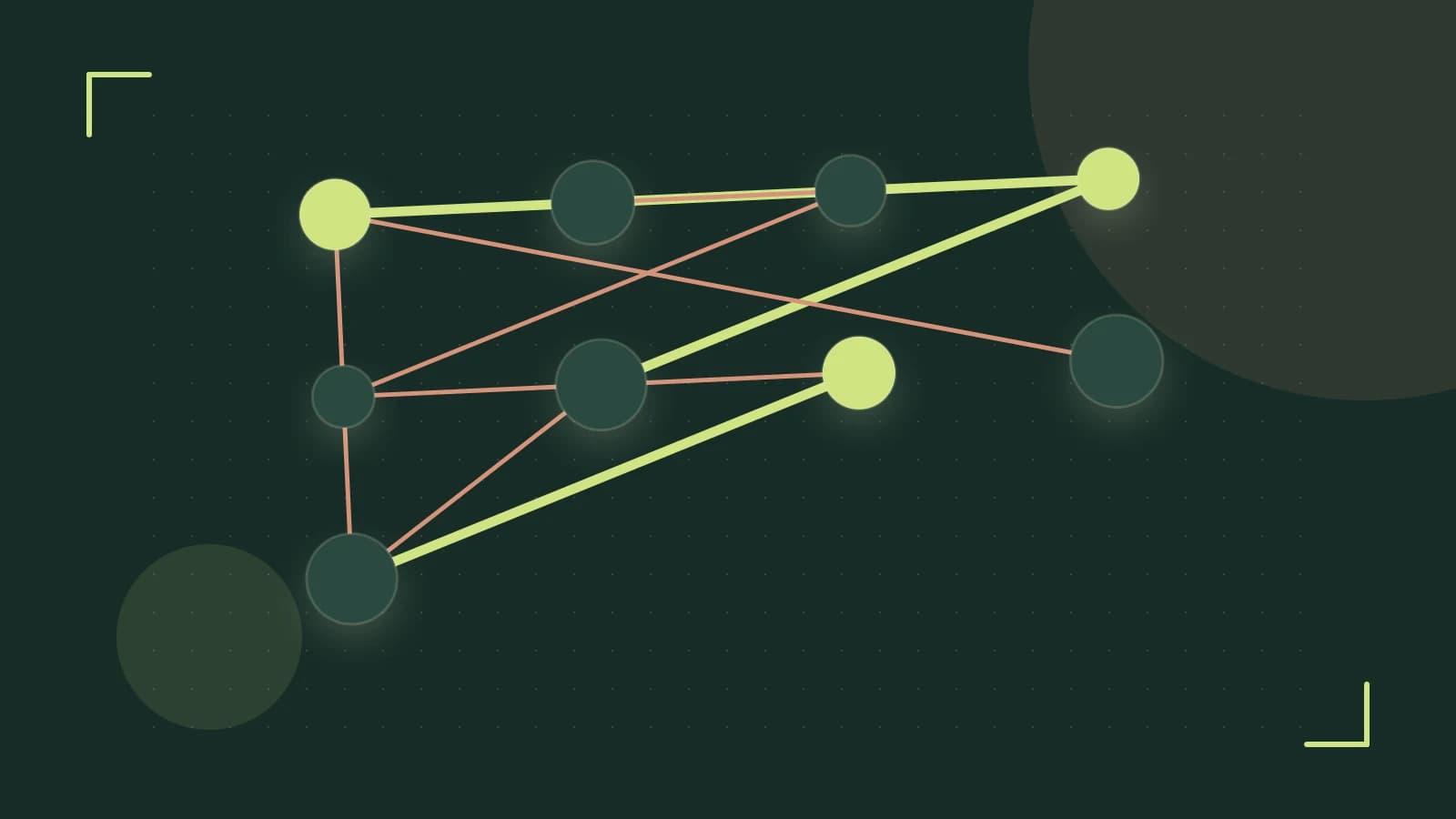 Editorial illustration of an algorithmic node graph with branching paths and a highlighted result
