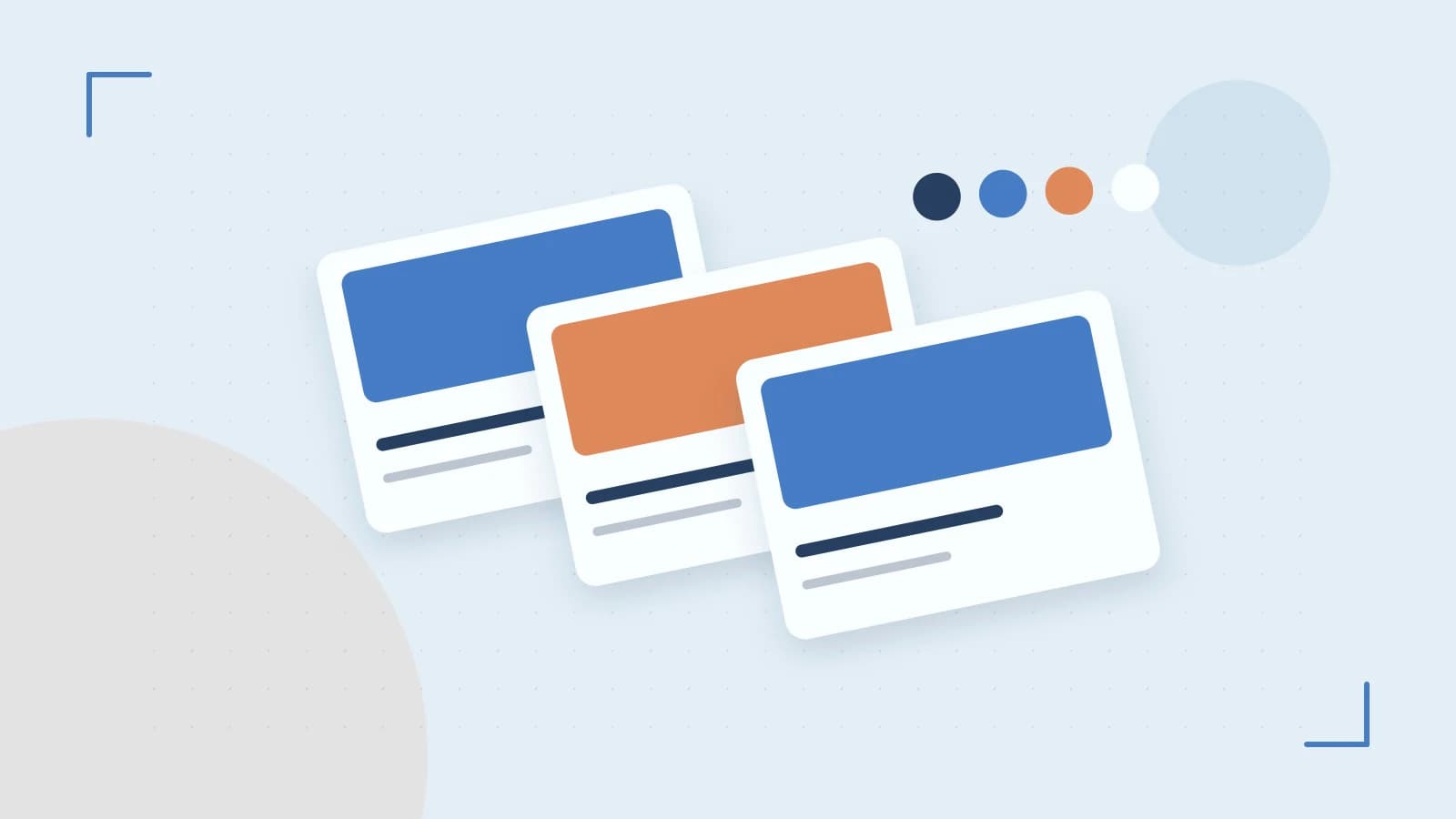 Editorial illustration of responsive browser layouts, overlapping design components and a color system