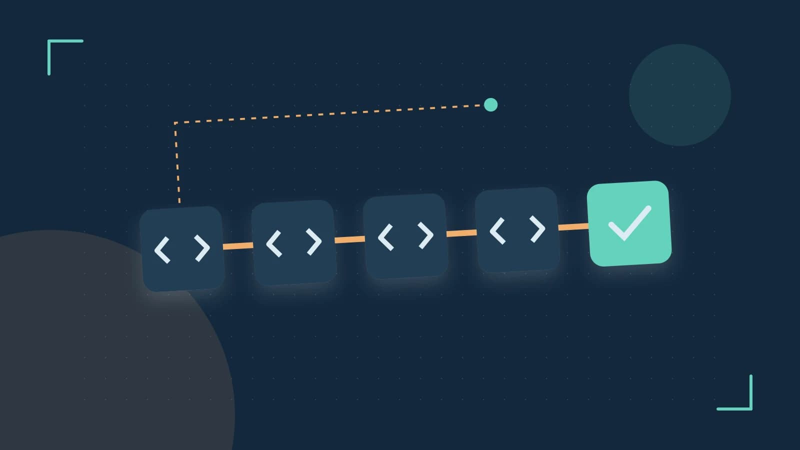 Editorial illustration of a branching build pipeline, staged transformations and a completed check