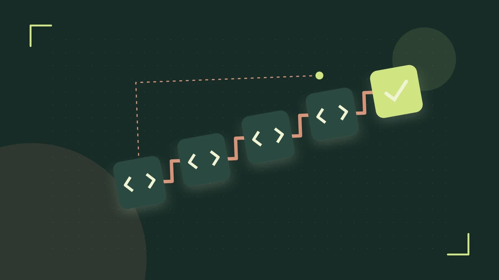 Editorial illustration of a branching build pipeline, staged transformations and a completed check