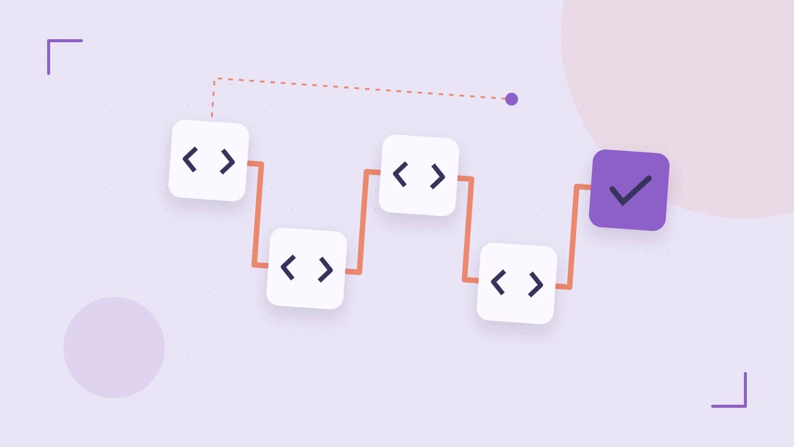 Editorial illustration of a branching build pipeline, staged transformations and a completed check