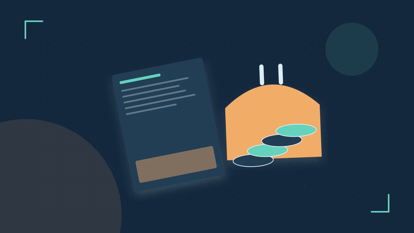 Editorial illustration of abstract coins, a payment card and a geometric financial chart without data labels