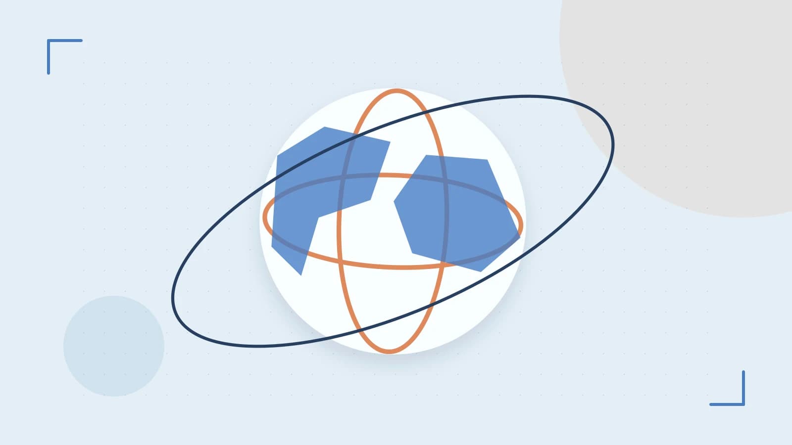 Editorial illustration of an editorial globe with meridians and layered geographic shapes