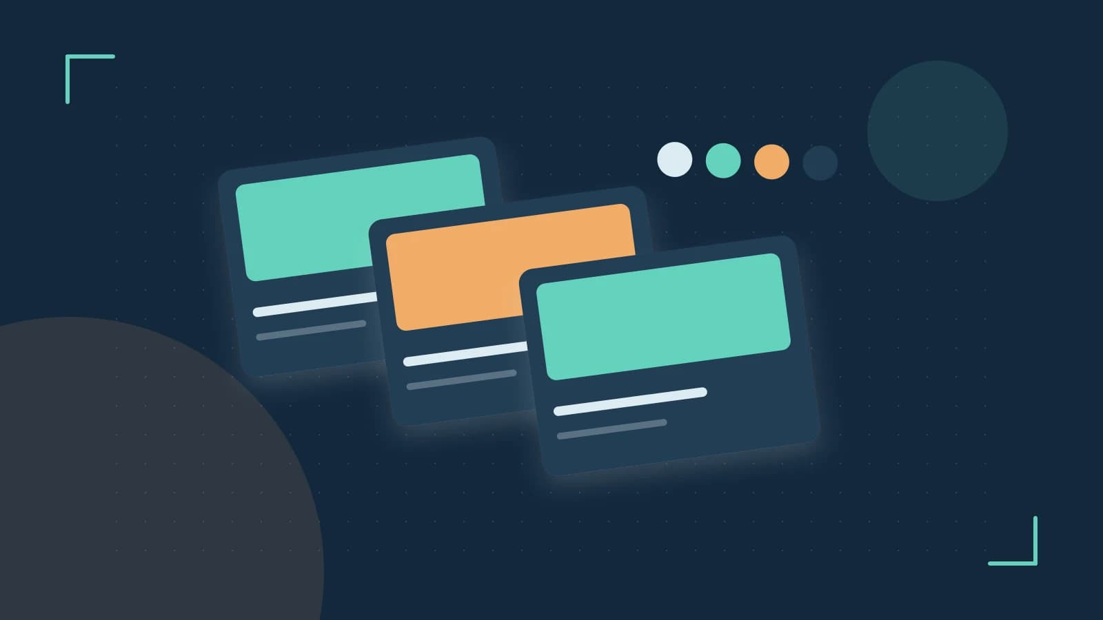Editorial illustration of responsive browser layouts, overlapping design components and a color system
