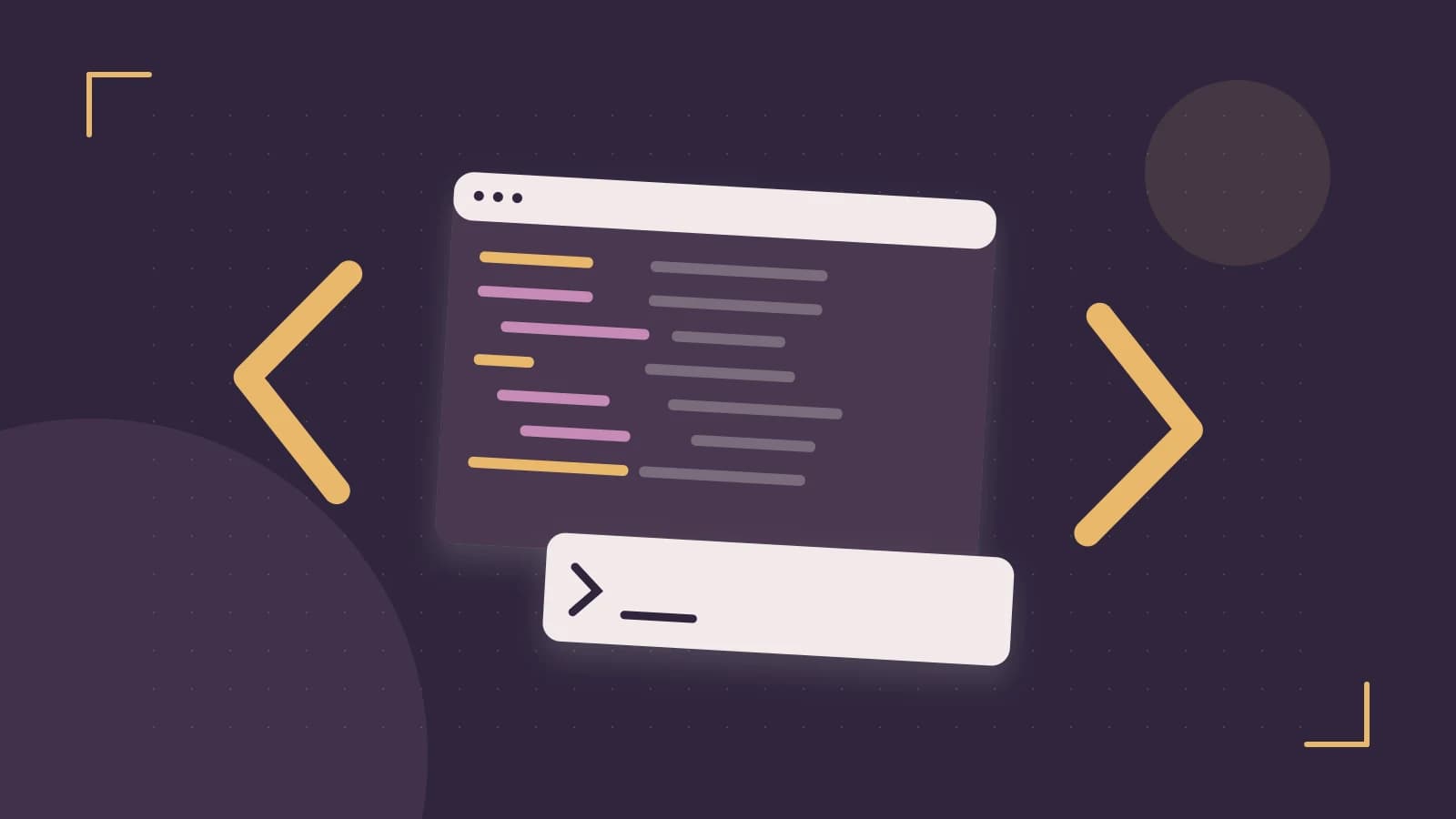 Editorial illustration of an abstract code editor, syntax blocks and oversized programming brackets