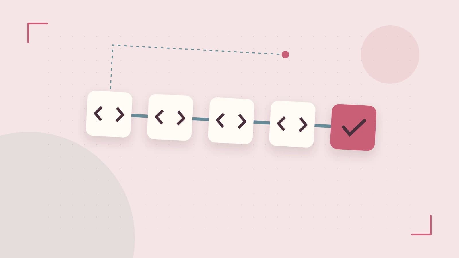Editorial illustration of a branching build pipeline, staged transformations and a completed check