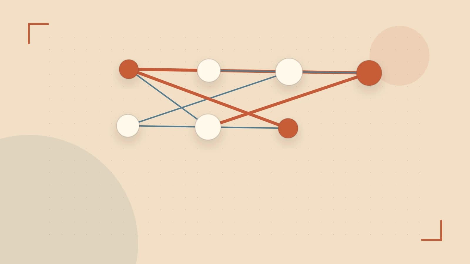 Editorial illustration of an algorithmic node graph with branching paths and a highlighted result