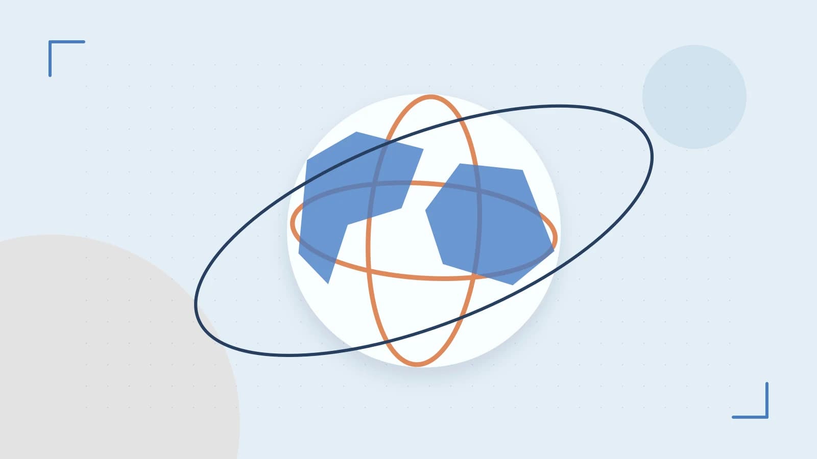 Editorial illustration of an editorial globe with meridians and layered geographic shapes