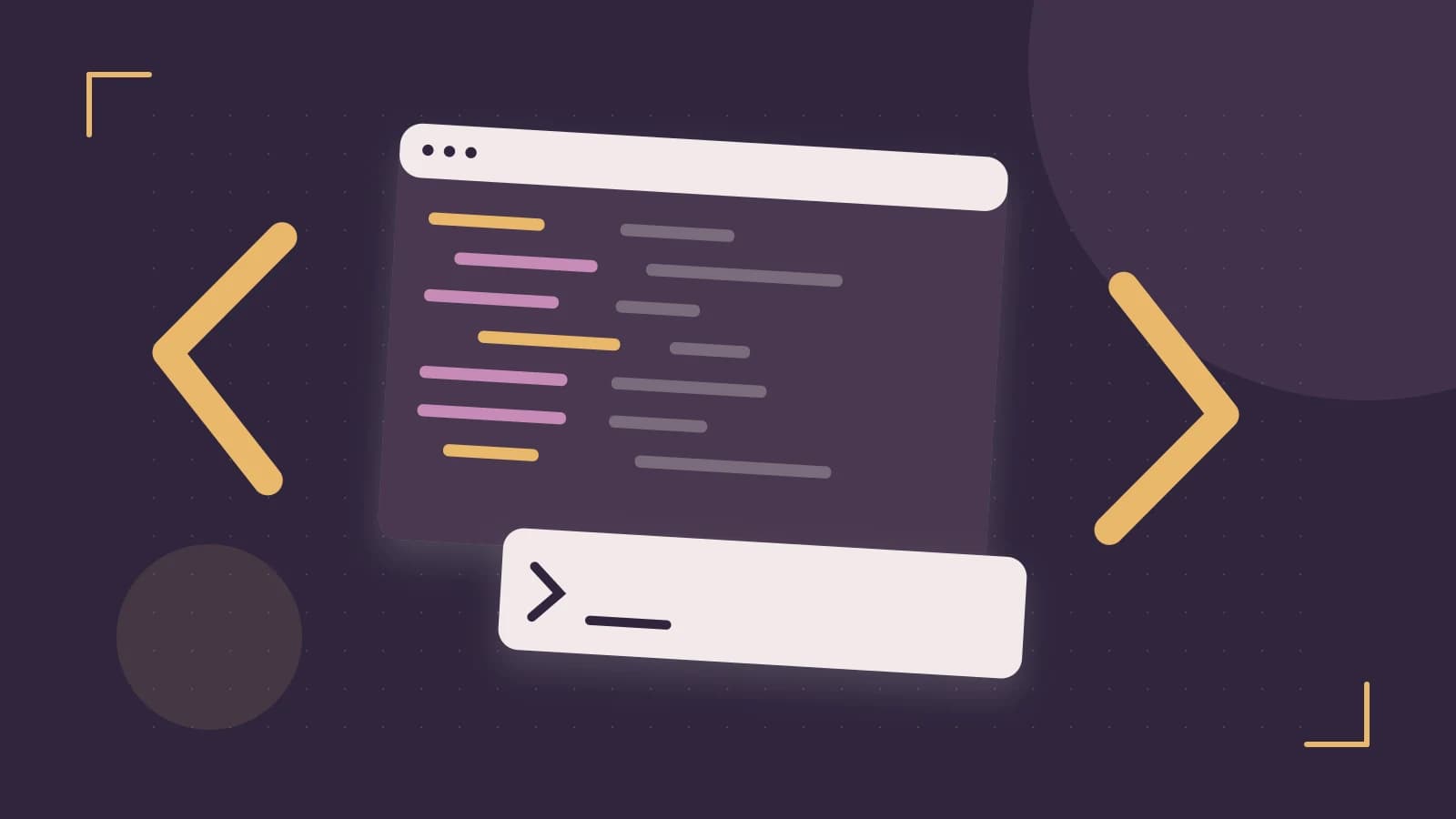 Editorial illustration of an abstract code editor, syntax blocks and oversized programming brackets