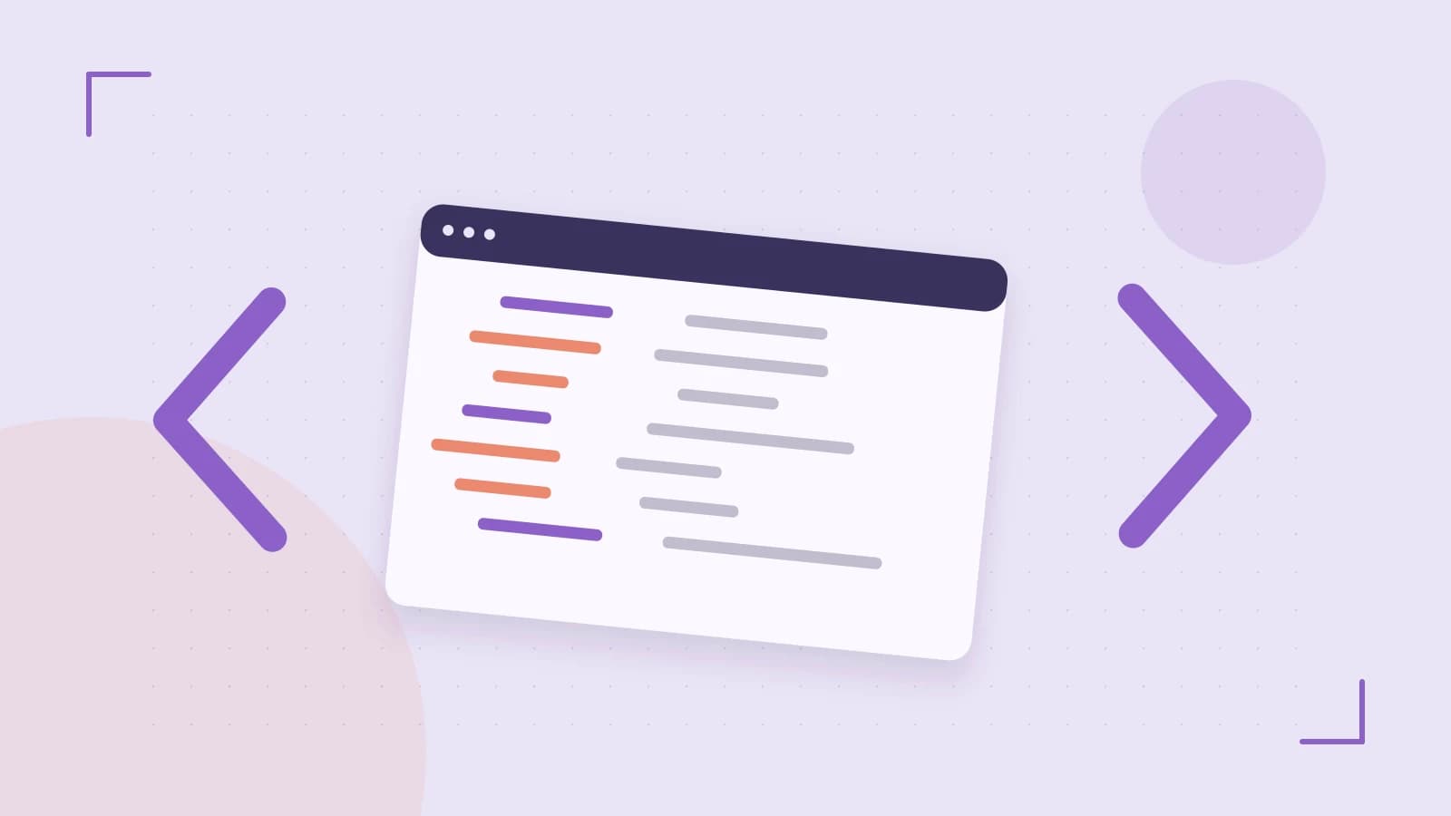 Editorial illustration of an abstract code editor, syntax blocks and oversized programming brackets