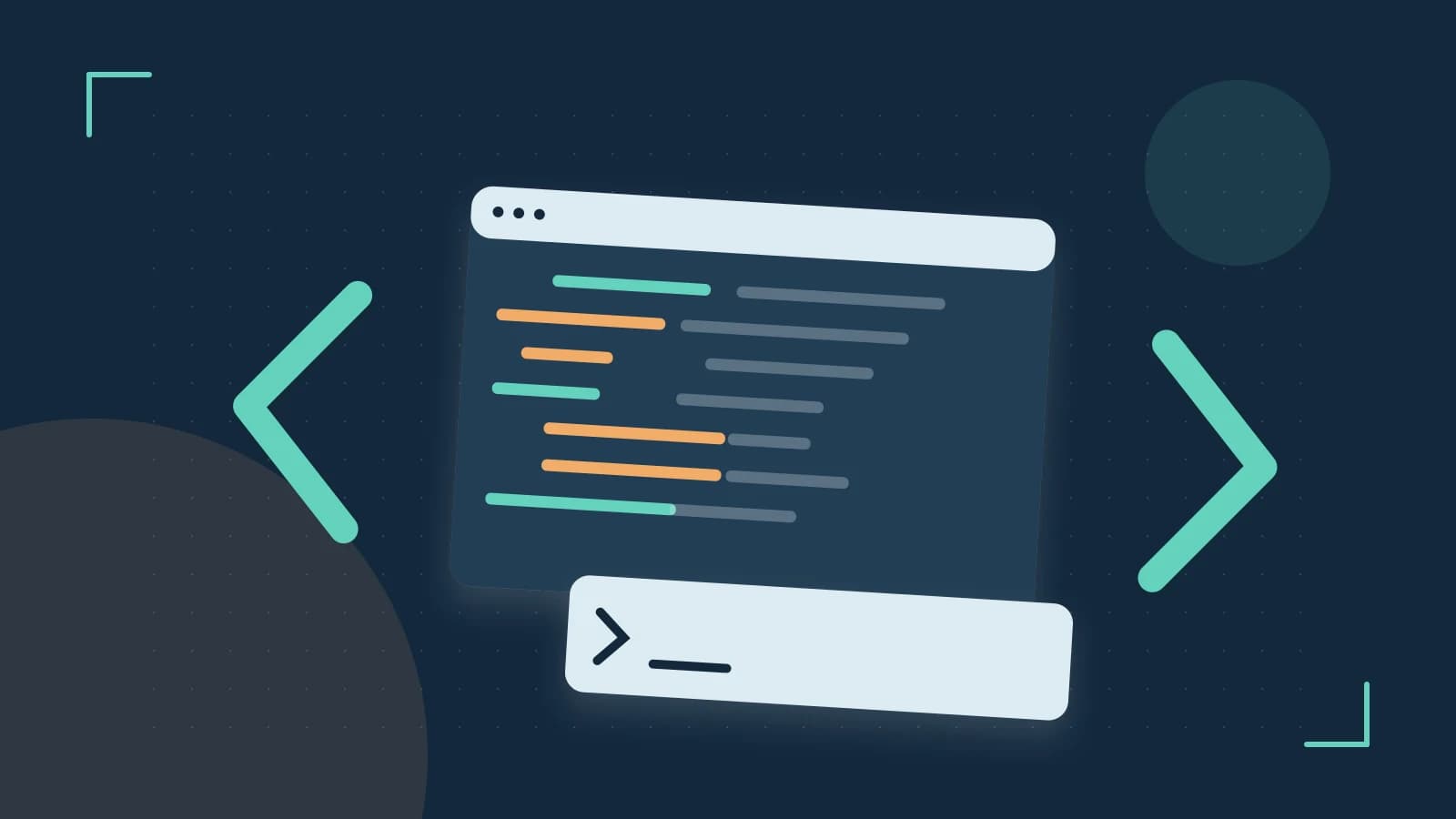 Editorial illustration of an abstract code editor, syntax blocks and oversized programming brackets