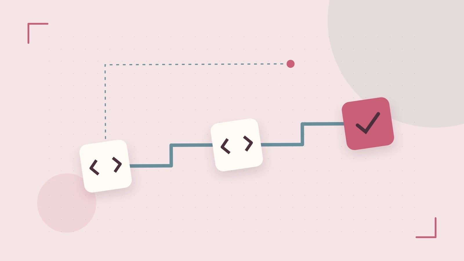 Editorial illustration of a branching build pipeline, staged transformations and a completed check
