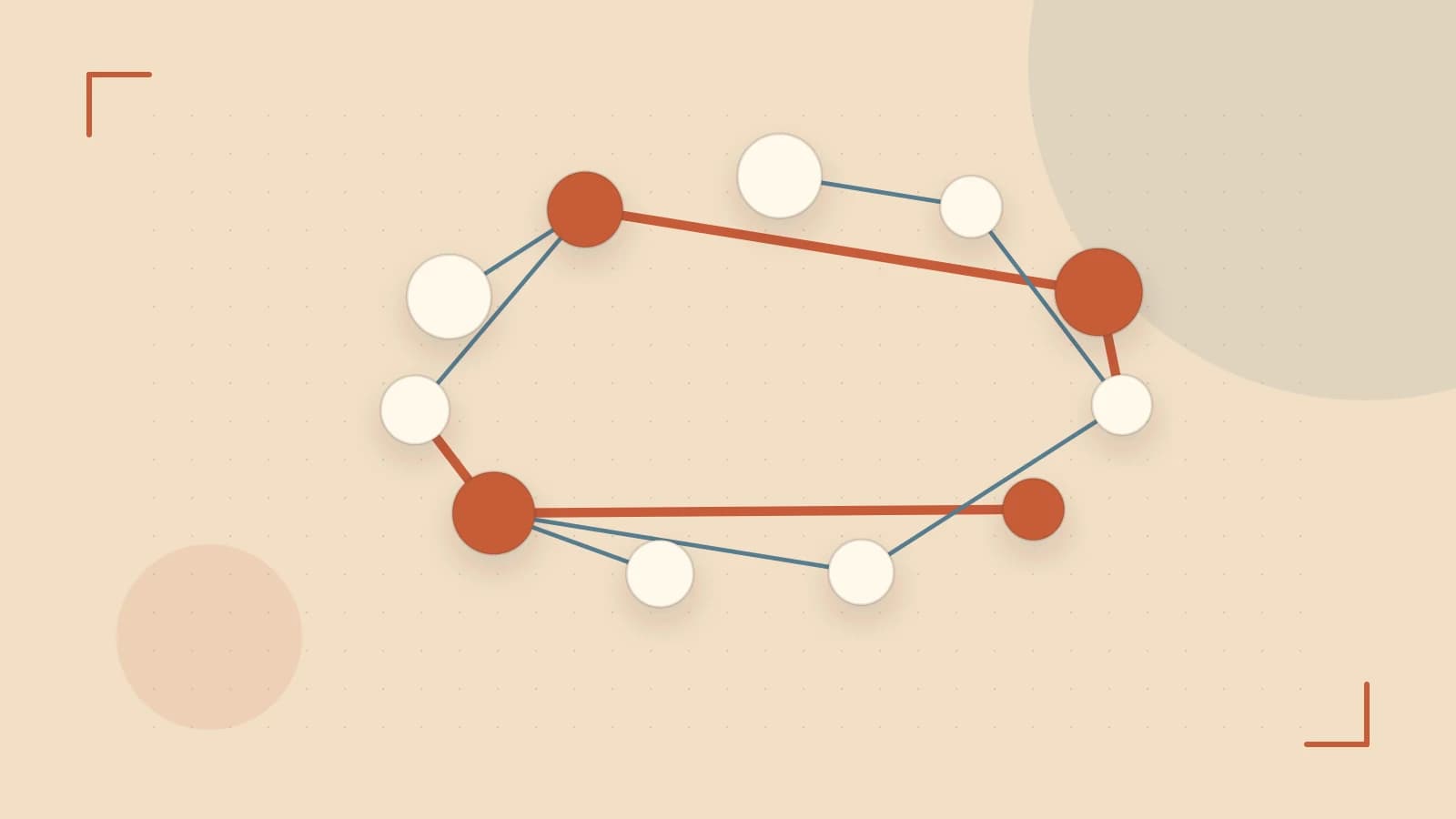 Editorial illustration of an algorithmic node graph with branching paths and a highlighted result
