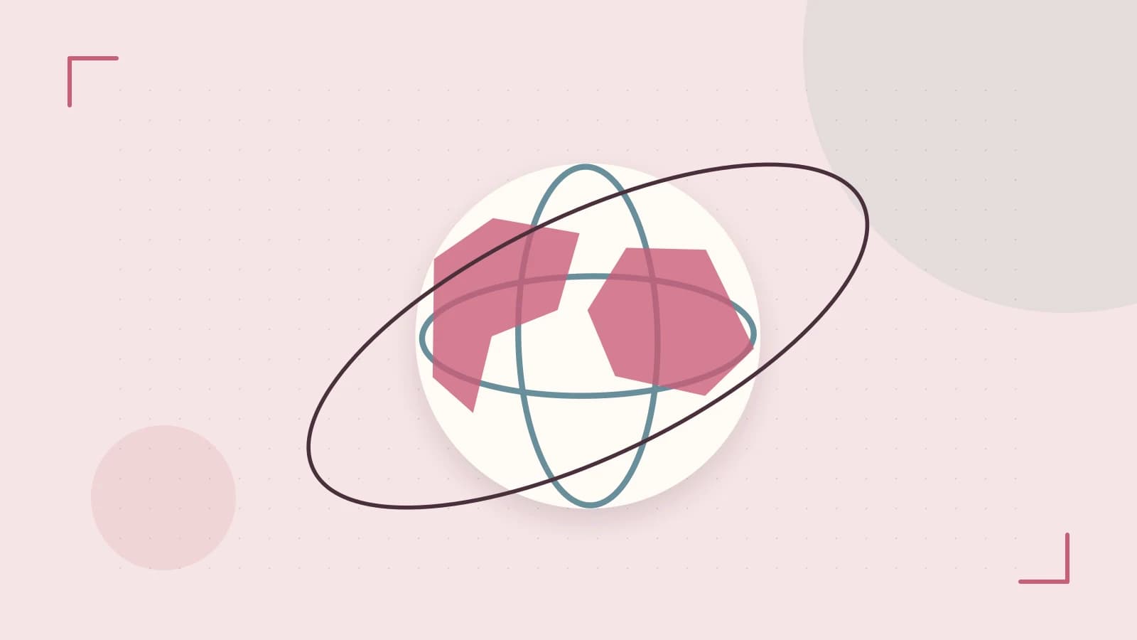 Editorial illustration of an editorial globe with meridians and layered geographic shapes