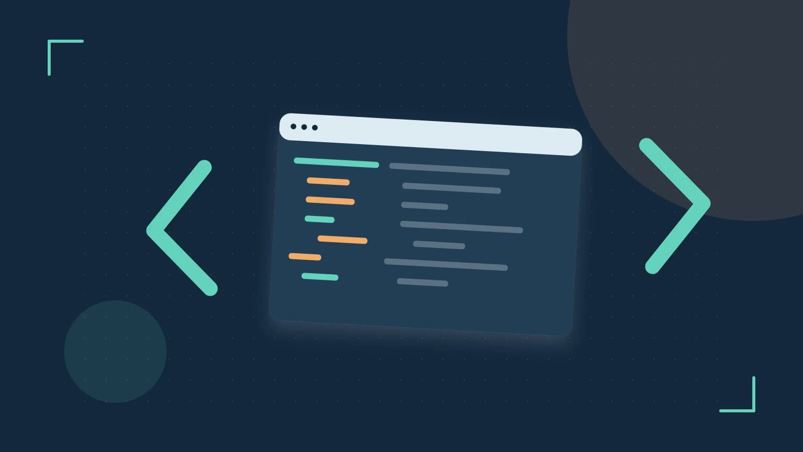 Editorial illustration of an abstract code editor, syntax blocks and oversized programming brackets