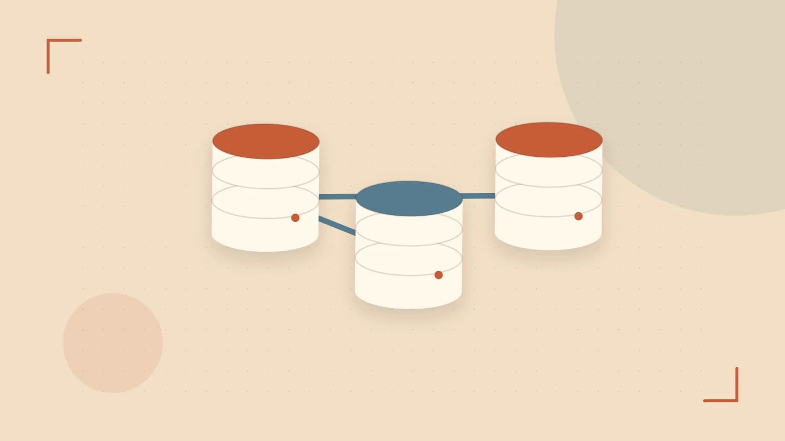 Editorial illustration of structured records, database cylinders and relationships between tables