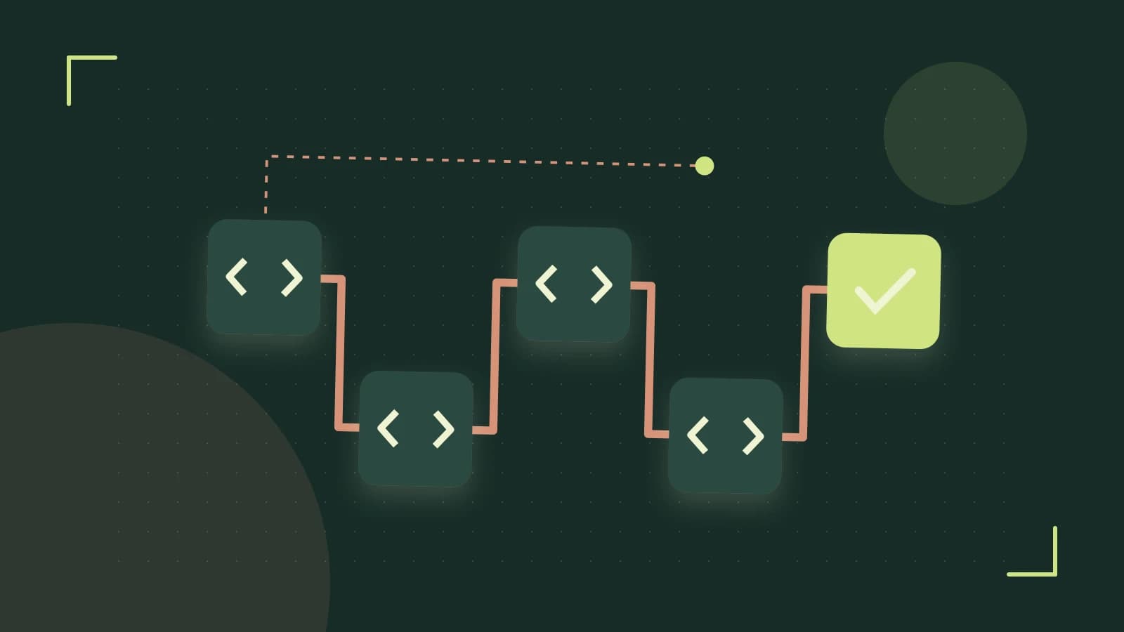 Editorial illustration of a branching build pipeline, staged transformations and a completed check