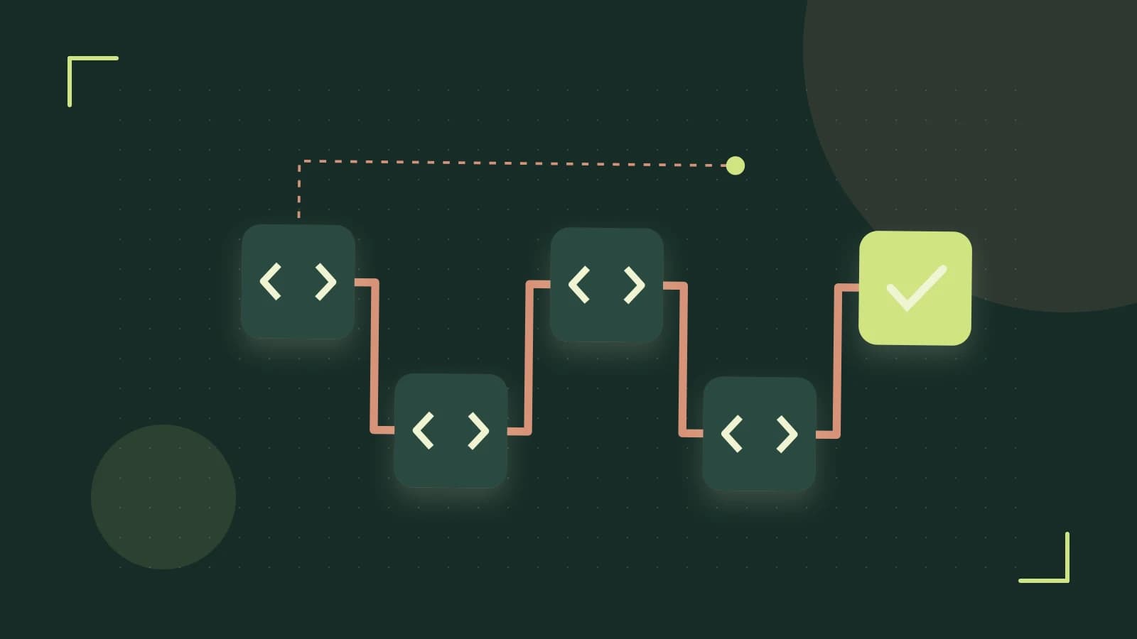 Editorial illustration of a branching build pipeline, staged transformations and a completed check