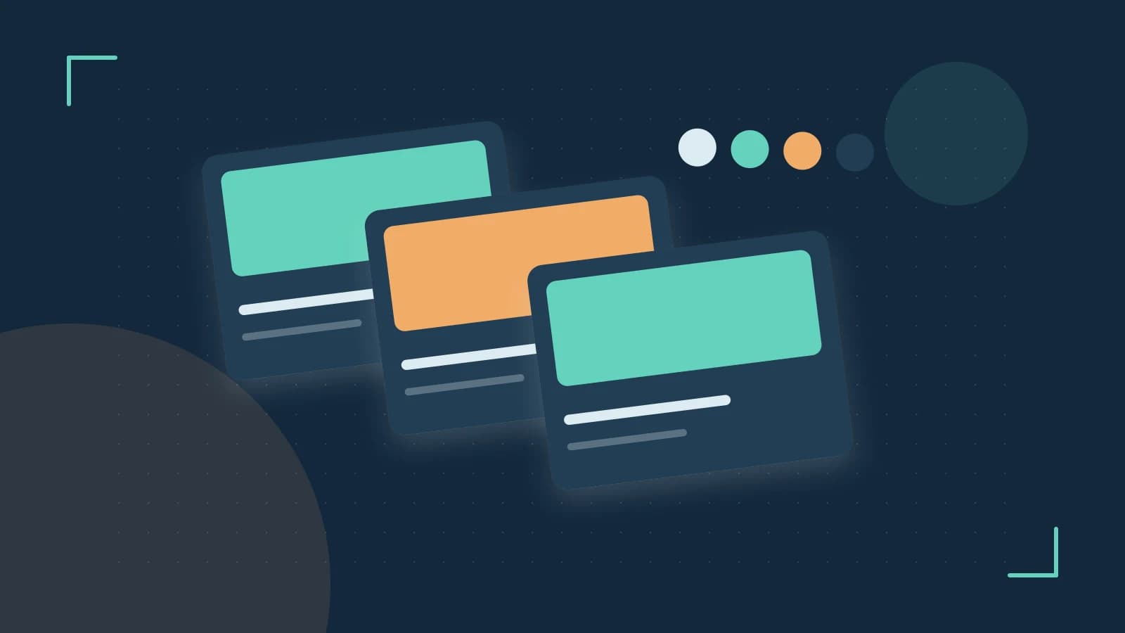 Editorial illustration of responsive browser layouts, overlapping design components and a color system