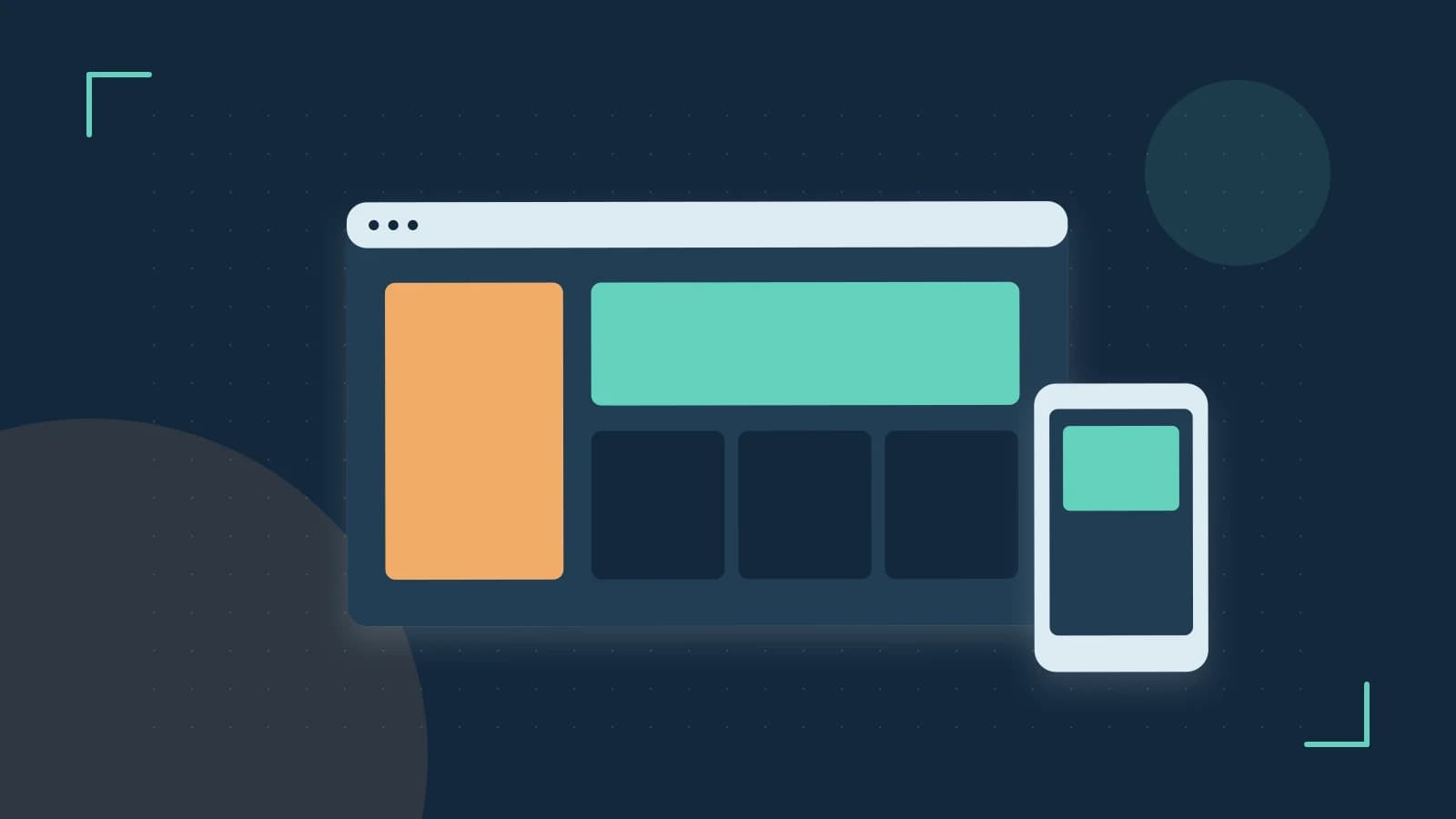 Editorial illustration of responsive browser layouts, overlapping design components and a color system