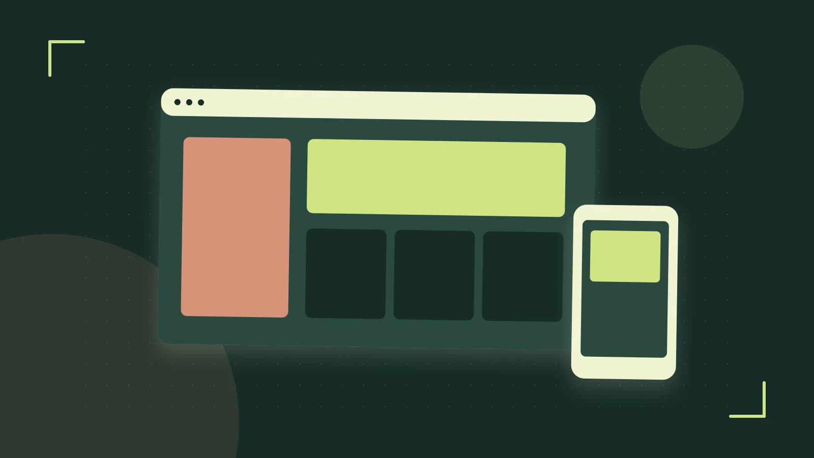 Editorial illustration of responsive browser layouts, overlapping design components and a color system