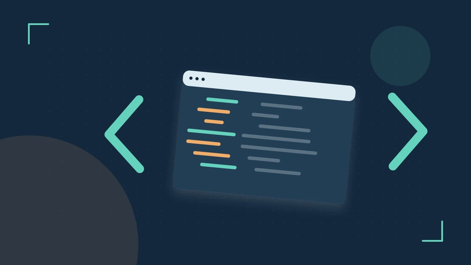 Editorial illustration of an abstract code editor, syntax blocks and oversized programming brackets