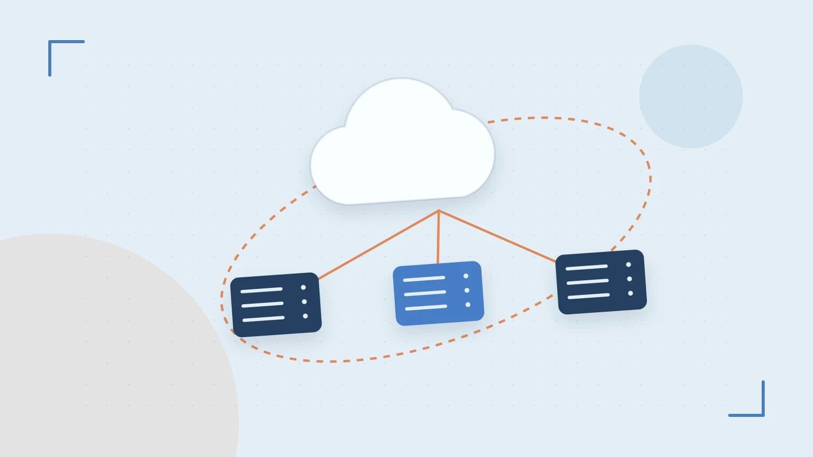 Editorial illustration of cloud infrastructure, connected server racks and an orbital service map