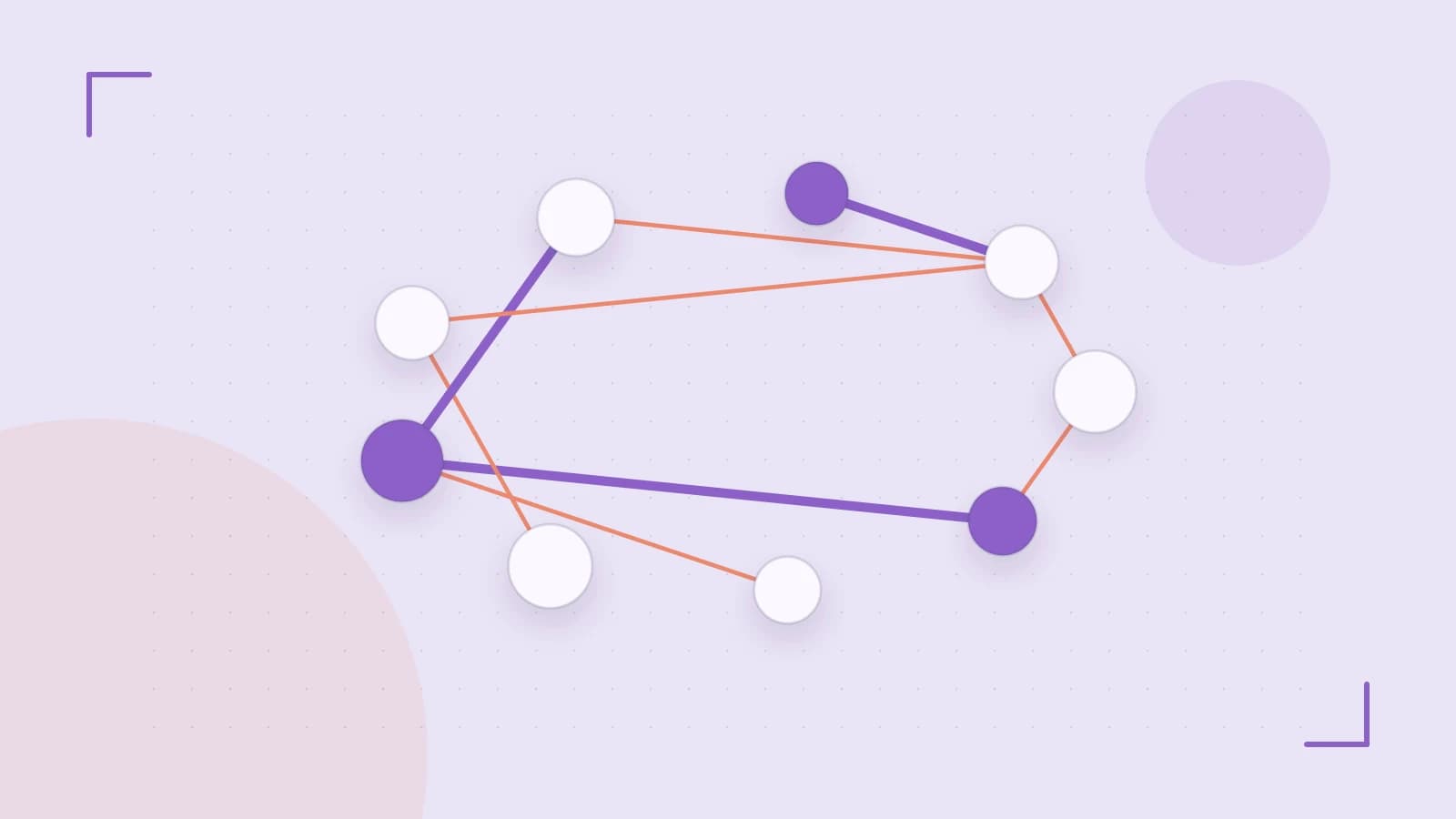 Editorial illustration of an algorithmic node graph with branching paths and a highlighted result