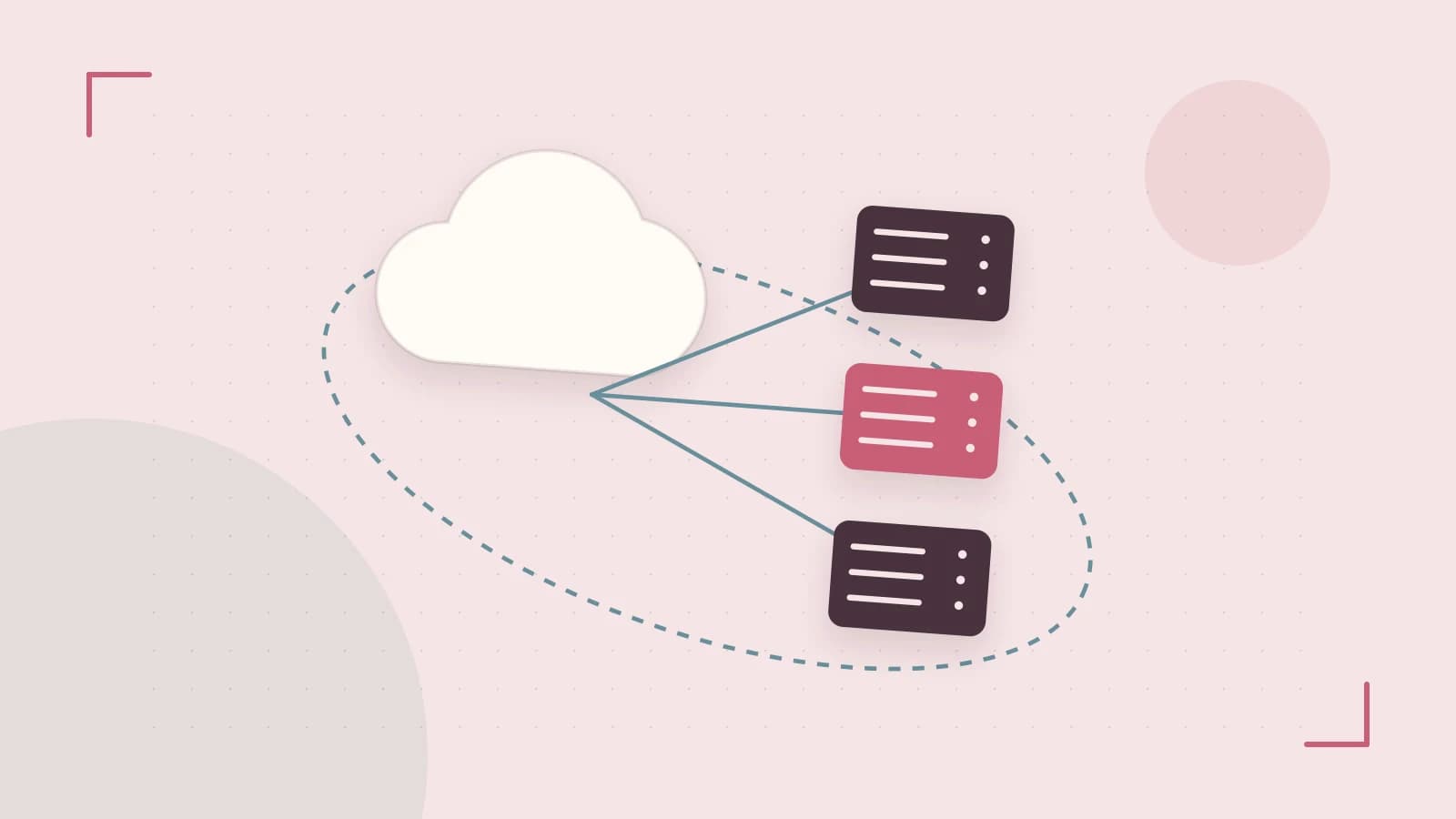 Editorial illustration of cloud infrastructure, connected server racks and an orbital service map
