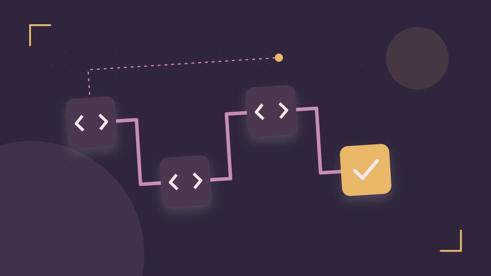 Editorial illustration of a branching build pipeline, staged transformations and a completed check
