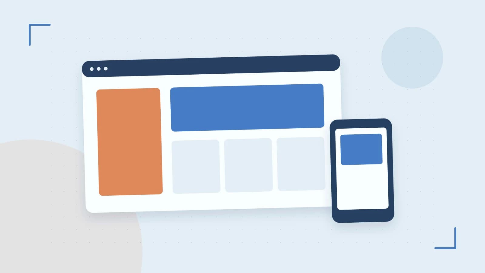 Editorial illustration of responsive browser layouts, overlapping design components and a color system