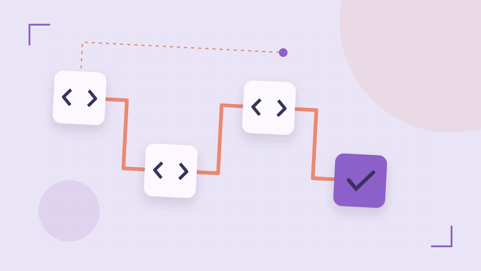 Editorial illustration of a branching build pipeline, staged transformations and a completed check