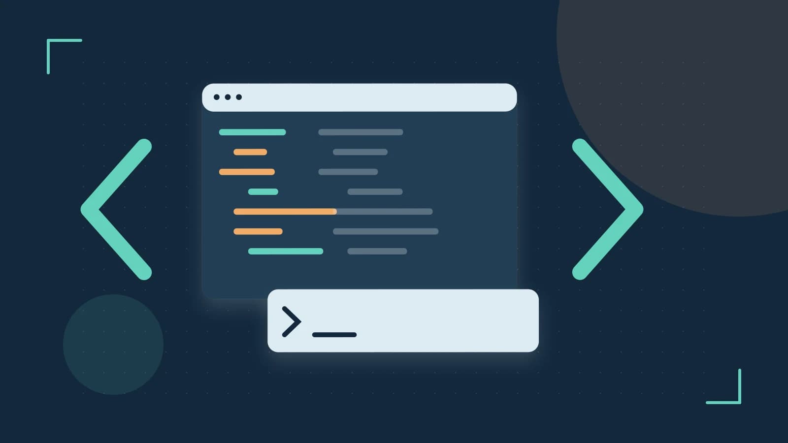 Editorial illustration of an abstract code editor, syntax blocks and oversized programming brackets
