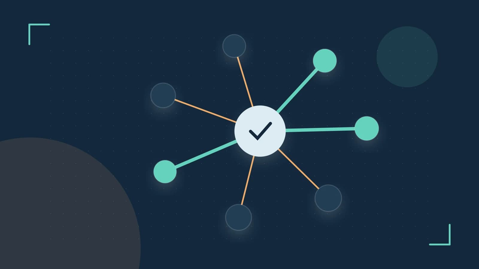 Editorial illustration of an algorithmic node graph with branching paths and a highlighted result