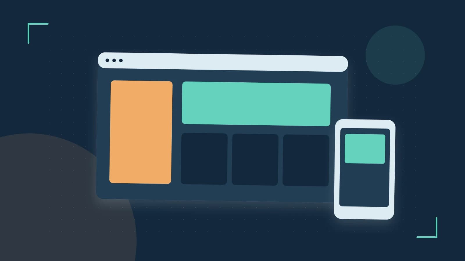 Editorial illustration of responsive browser layouts, overlapping design components and a color system